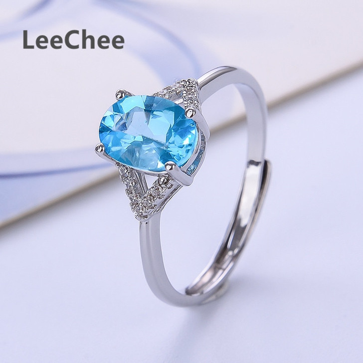 LeeChee natural blue topaz ring for women anniversary gift 6*8mm gemstone jewelry real 925 solid sterling silver daily wear|Rings|