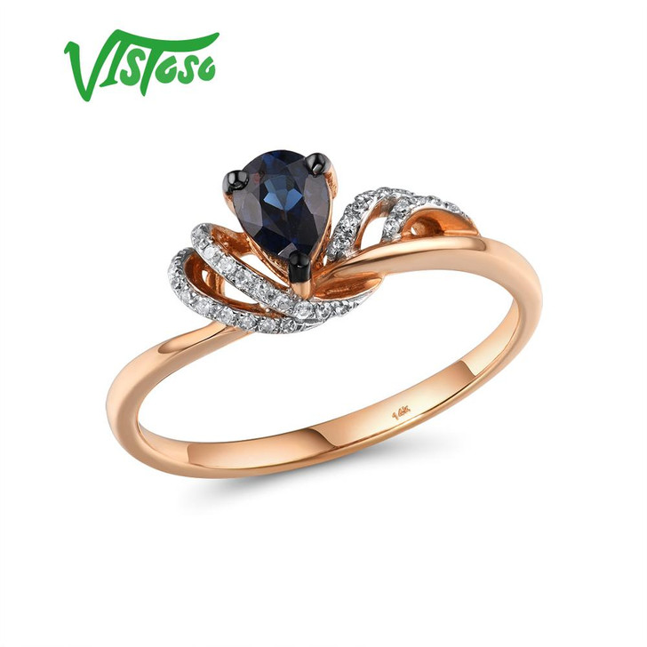VISTOSO Pure 14K 585 Rose Gold Ring For Women Ring shining Diamond Blue Sapphire Luxury Wedding Engagement Elegant Fine Jewelry|Rings|