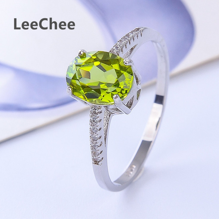 LeeChee Real 925 Solid Sterling Silver Ring 6*8mm green crystal gemstone dating jewelry 100% natural peridot ring|Rings|