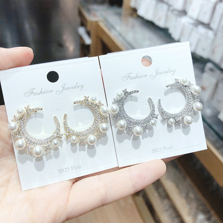 LUALA Korean Fashion Exquisite Moon Shape Pearl Earrings for Women White Gold Color AAA Zircon Stud Earring Gifts Wholesale|Stud Earrings|