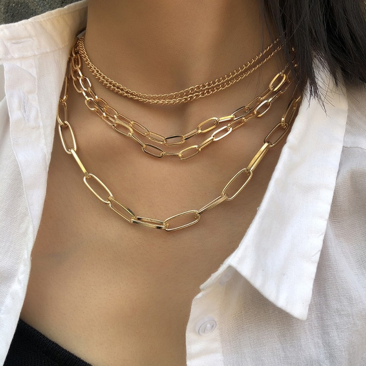 LUALA Ins Style Gold Cuban Link Chain Necklace Choker For Women Multi Layer Lock Curb Link Necklaces Punk Trendy Jewelry|Chain Necklaces|