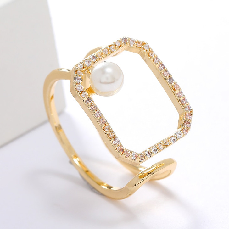 LUALA Trendy Pearl Geometry Ring for Women 2020 New Gold Color AAA Zircon Open Ring Female Fashion Wedding Korea Jewelry|Rings|