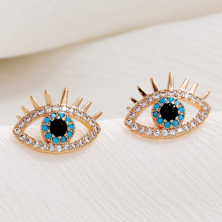 LUALA 2021 585 Rose Gold Colour Micro Pave Zircon Stud Earrings Blue Turkish Eye Earring Fashion Jewelry for Women Ladies Girls|Stud Earrings|