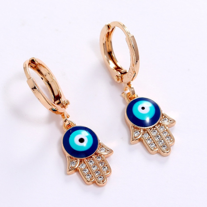 LUALA 2021 New 585 Rose Gold Colour Blue Turkish Eye Hoop Earrings Fatima Hamsa Hand Small Earring Jewelry for Women Girls|Hoop Earrings|