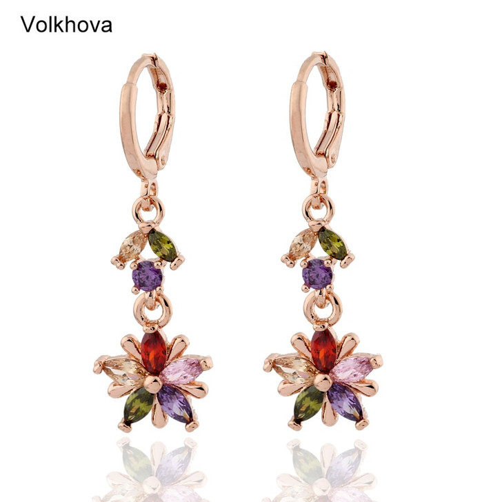 Volkhova Shiny Colorful Crystals Cubic Zirconia Three Flower Design Long Drop Earrings for Women Party Queen Wedding Jewelry|Drop Earrings|