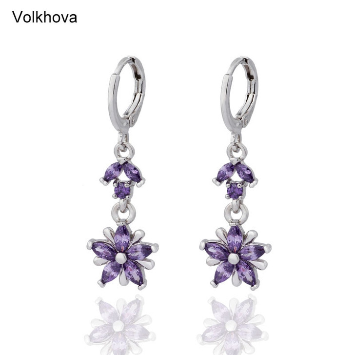 Volkhova Korean purple long purple petals AAA cubic zirconia New fashion dance party women's Jewelry Earrings|Drop Earrings|