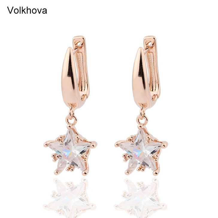 Vacation Gift Fashion Cz Jewelry Rose Gold Color Statement Five Pointed Star Stud Earrings For Friend Wedding|Drop Earrings|