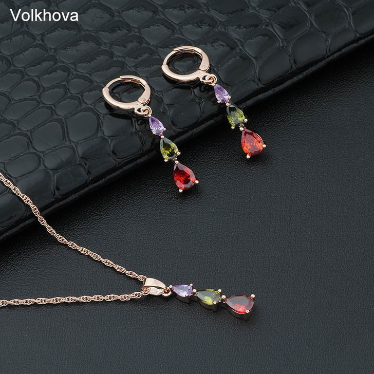 Volkhova New Europe and America color unique design fashion AAA zircon bride wedding 585 Rose gold color earrings jewelry set|Jewelry Sets|