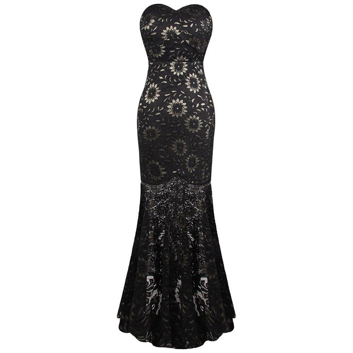 Strapless Floral Lace See Through Mermaid Formal Long Evening Dresses