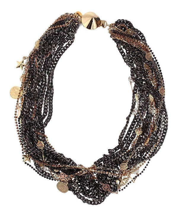 Beaded and Swarovski adorned crystal necklace in gun metal and 18kt