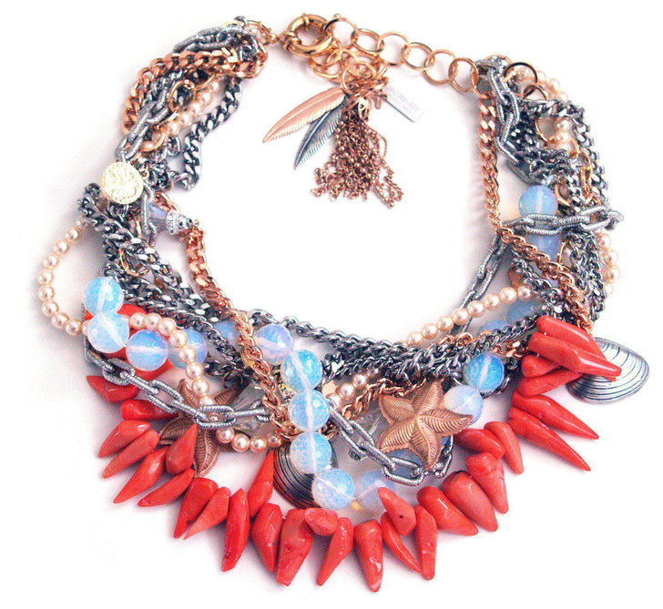 Coral and opalite stones bib necklace