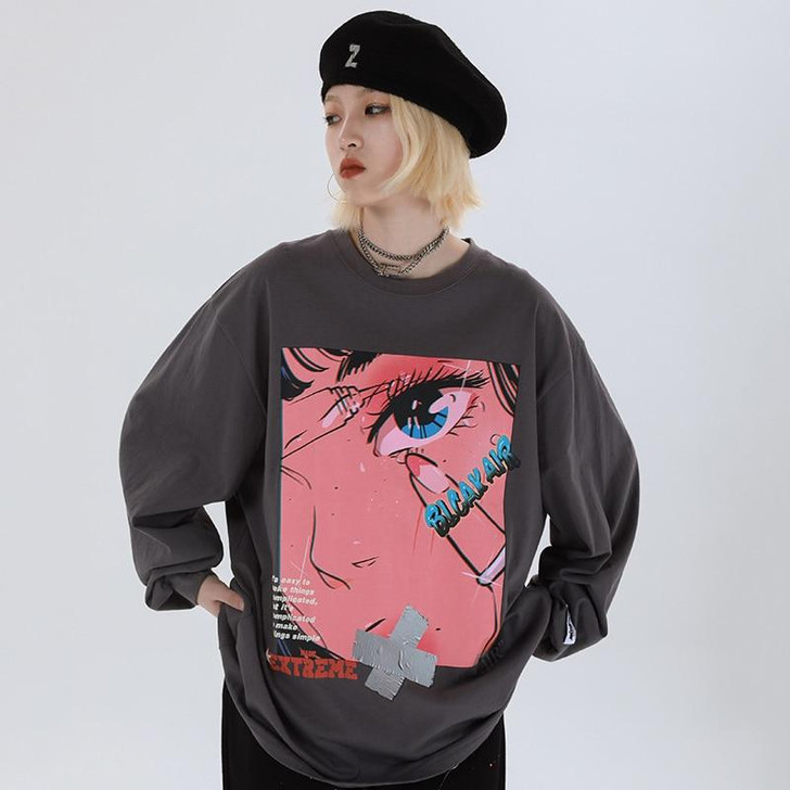 Men Hip Hop Oversized T Shirt Long Sleeve Streetwear Japanese Anime