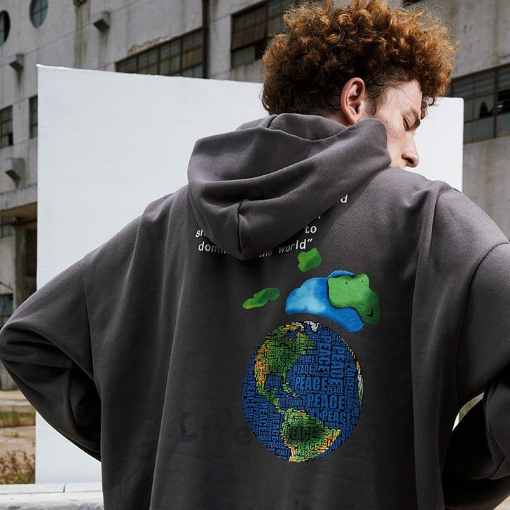 Hip Hop Streetwear Hoodies Sweatshirt Globe Print Men Harajuku