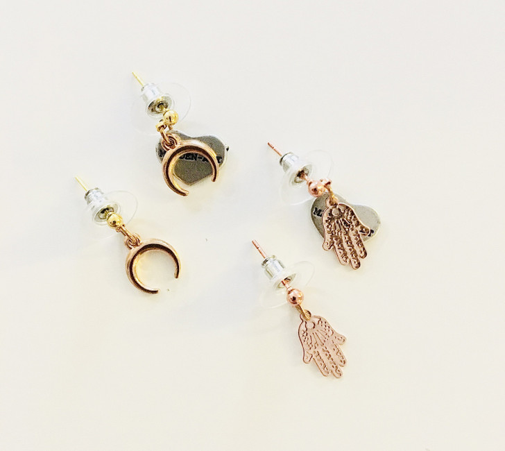 Crescent Moon or Hamsa Micro Earrings in Gold and Rose Gold