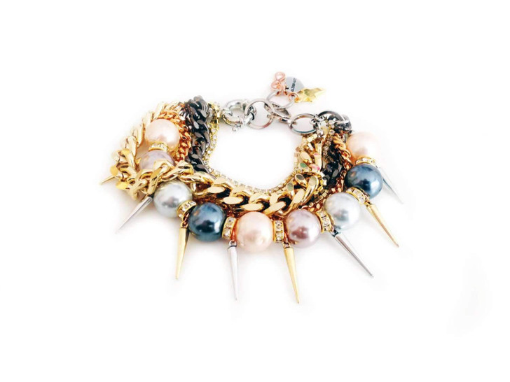 Handmade pearl cuff bracelet and gold chains, rhinestones, gold