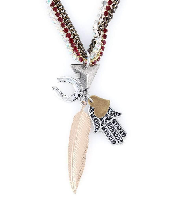 Choker Necklace with lucky charm, hamsa pendant, feather and