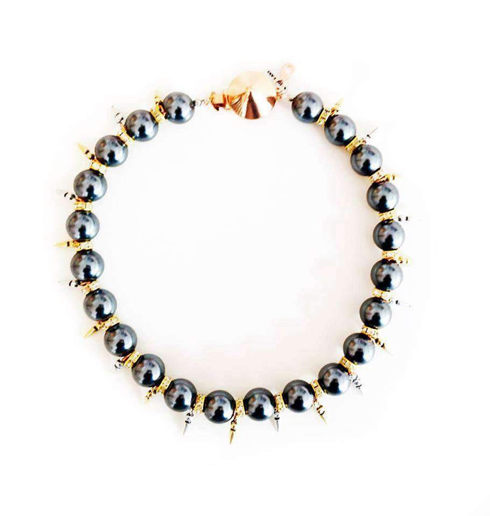 Handmade statement necklace with black pearls, Swarovski crystals,