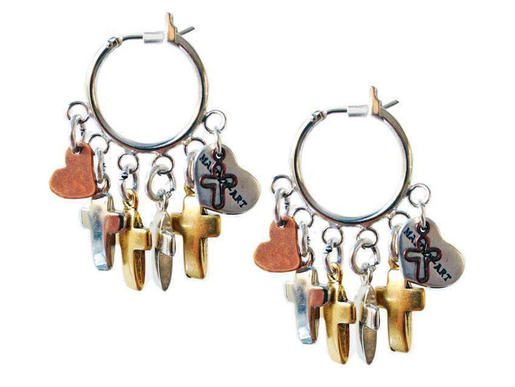 Hoop earrings with crosses, hearts charms and burnished gold. Boho