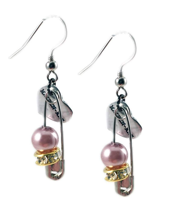 Silver safety pins, pearls and crystals Earrings. Perfect for parties,