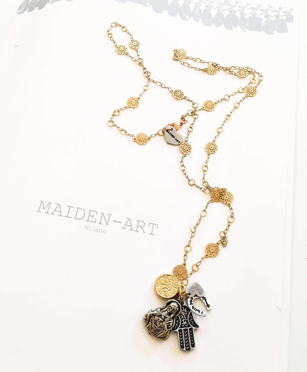 Silver Virgin Mary Pendant Necklace with gold charms.