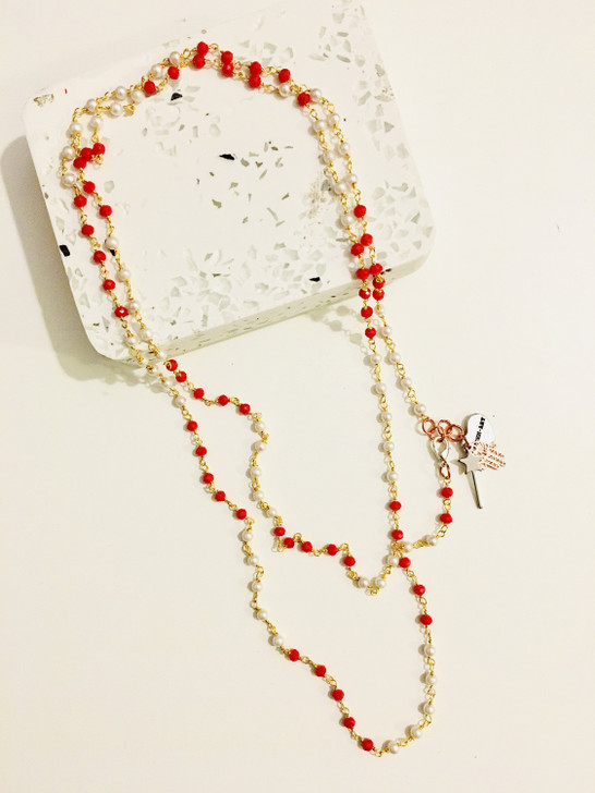 Rosary pearls and red crystals long necklace with magic wand and hamsa