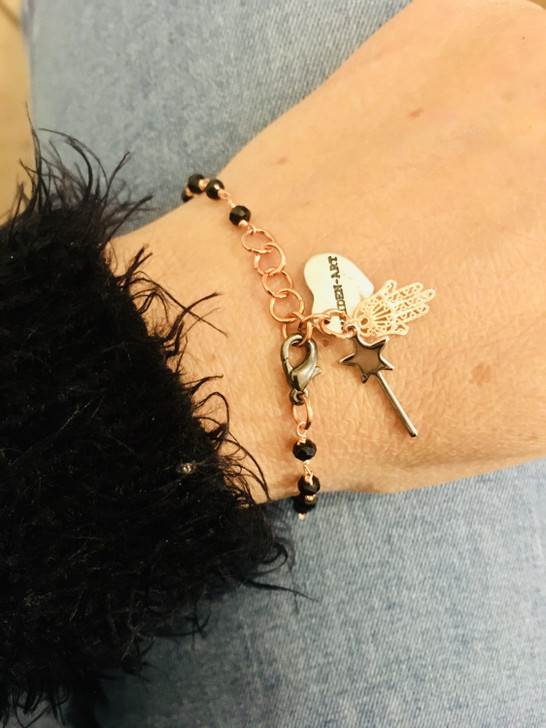 Rosary bracelet with magic wand and hamsa charm. Spinels Bracelet.
