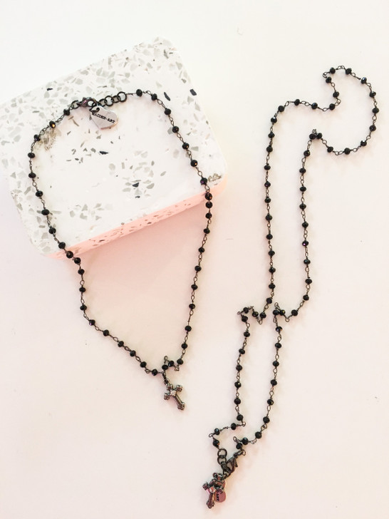 Black Rosary Necklace with silver cross and cubic zirconia. In 2