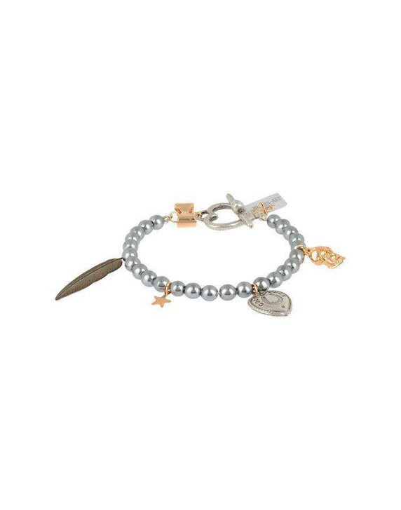 Black pearls beaded bracelet with silver and rose gold plated charms.