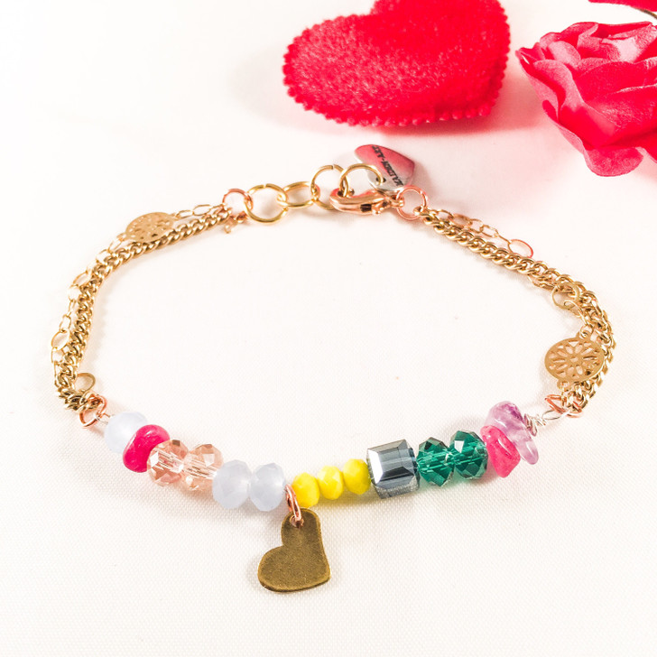 Colorful Beads and Stones Bronze Heart Bracelet