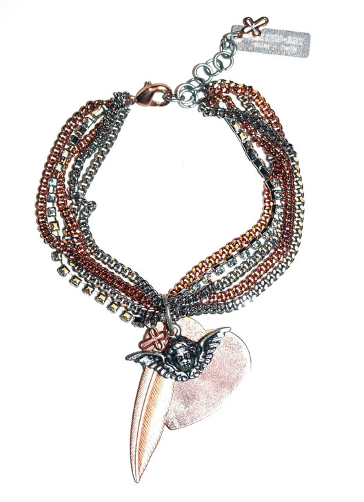 Swarovski Crystals, Feather, Heart and Angel Charms Bracelet in Rose