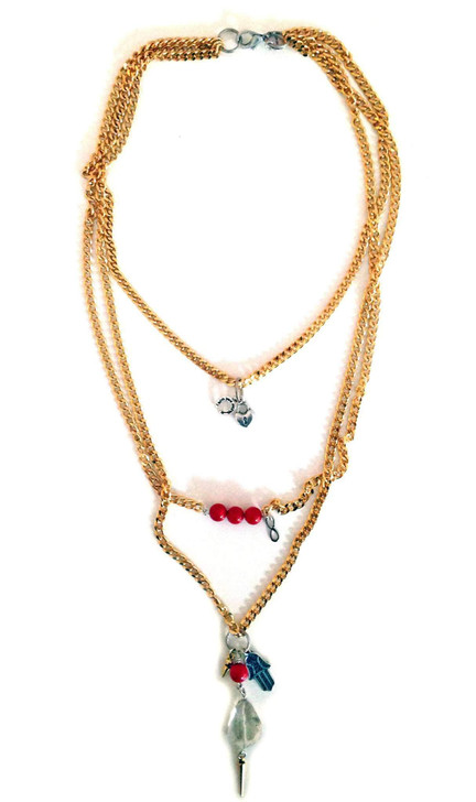 Valentine's Day necklace in gold, coral and hamsa.