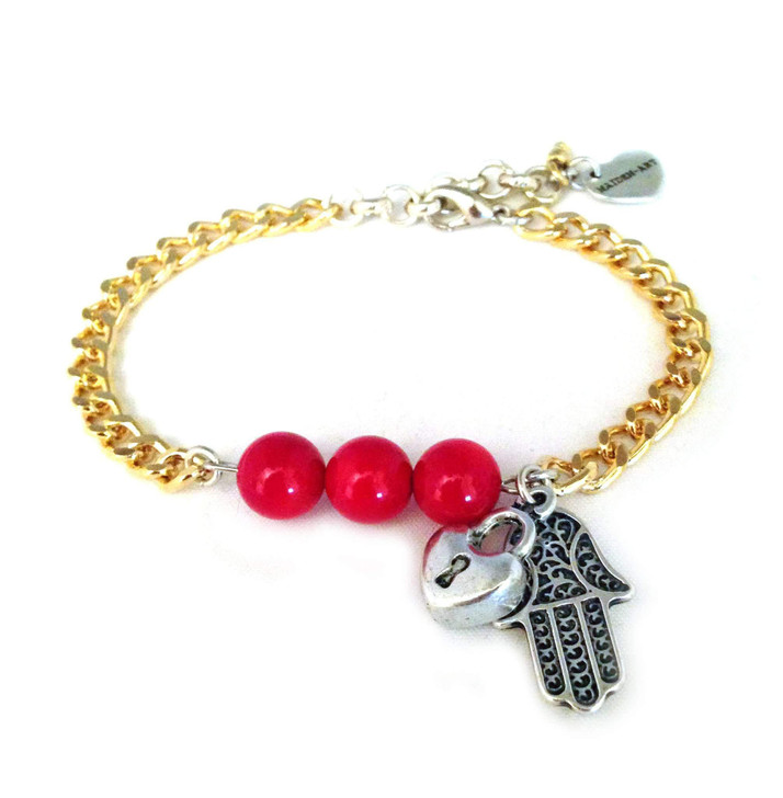 Valentine's Day bracelet in gold, coral and hamsa.