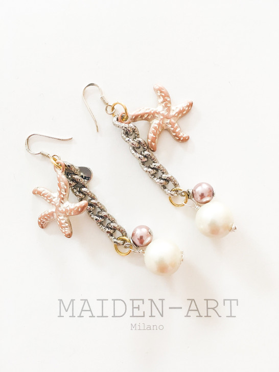 Statement Earrings with Starfish Charms and Pearls.