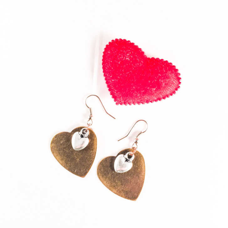 Big Bronze and Small Silver Hearts Drop Earrings