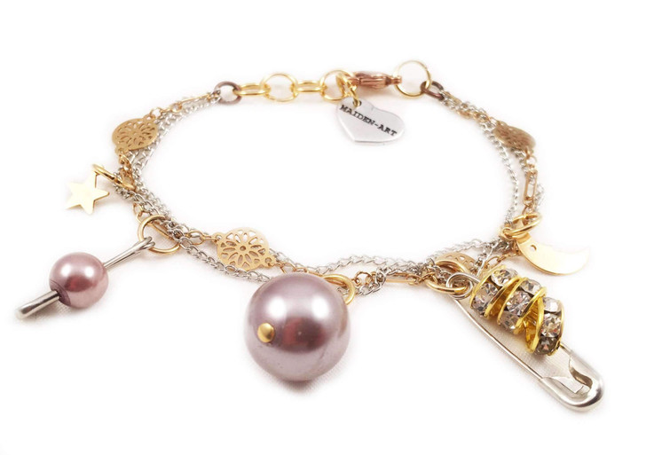 Safety pins, crystals and pearls bracelet. Perfect for parties, summer