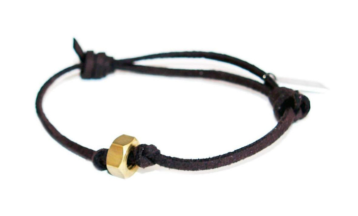 Brown Deerskin Mens bracelet with brass bolt nut. Mens Bracelets, Mens