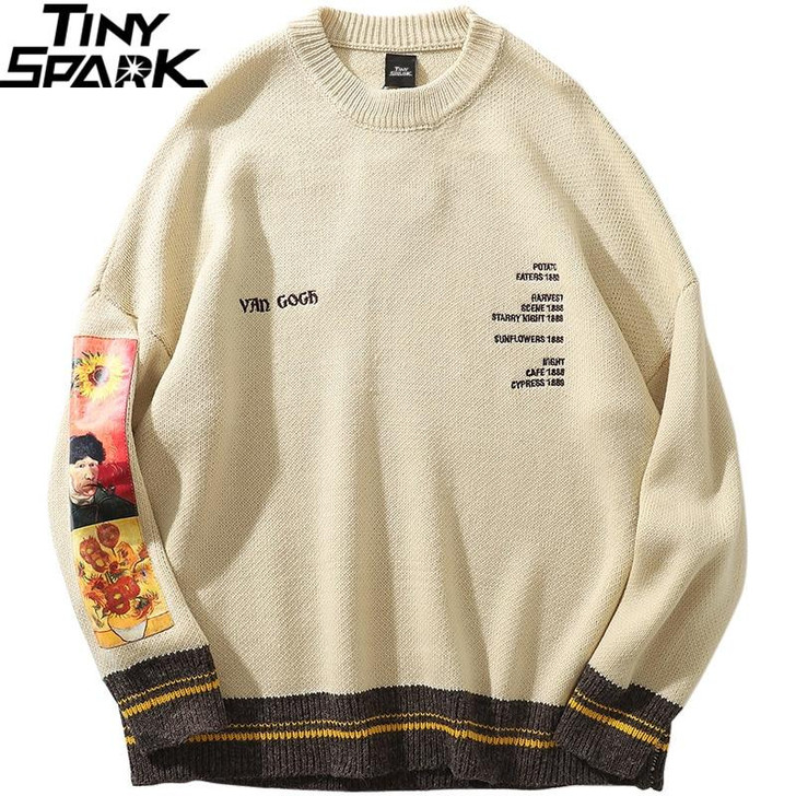 Men Hip Hop Sweater Pullover Streetwear Van Gogh Painting Embroidery