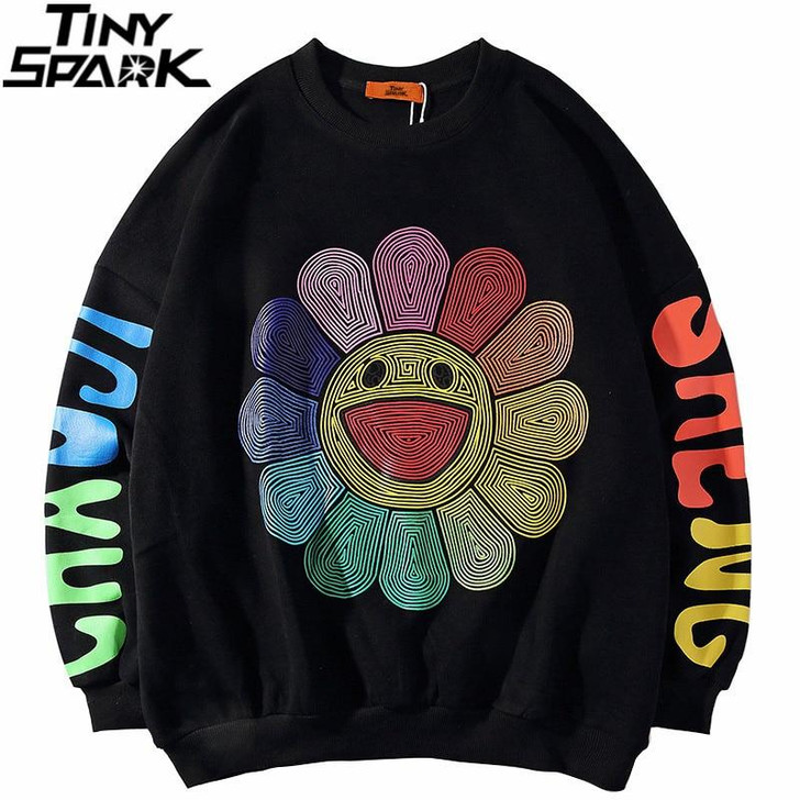 Mens Hip Hop Sweatshirt Pullover Rainbow Smiling Sunflower Streetwear
