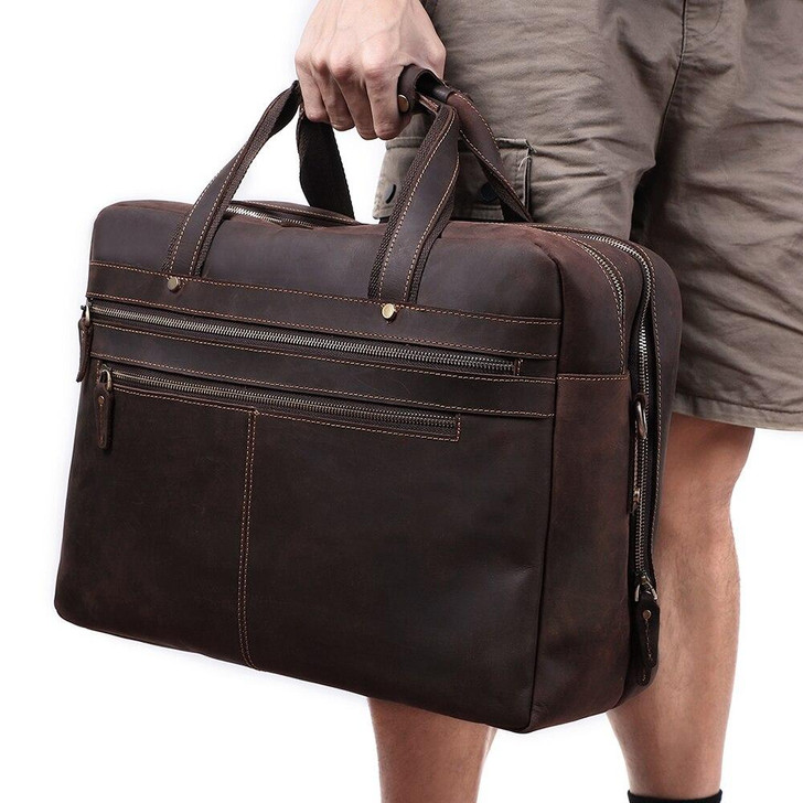 Genuine Leather Briefcase Crazy Horse Leather 15.6"17" Laptop Handbag