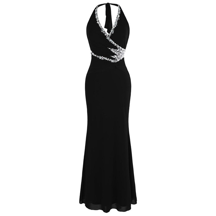 Halter Beading Black Evening Dresses Long Formal Party Gown