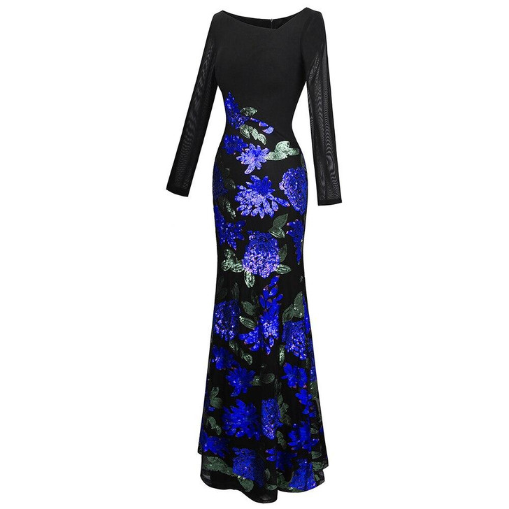 Women's Long Sleeve Pattern Blue Flower Sequin Beading Evening Dress