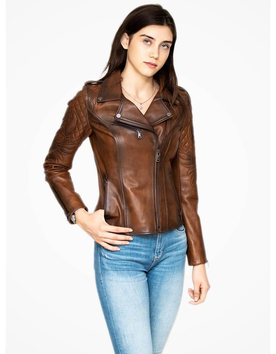 Brown Leather Biker Jacket For Women-DELETED-1612030542