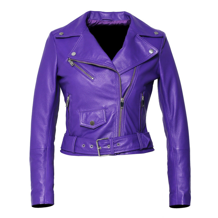 Womens Moto Nappa in Deerskin Emboss Patent Purple Leather Jacket