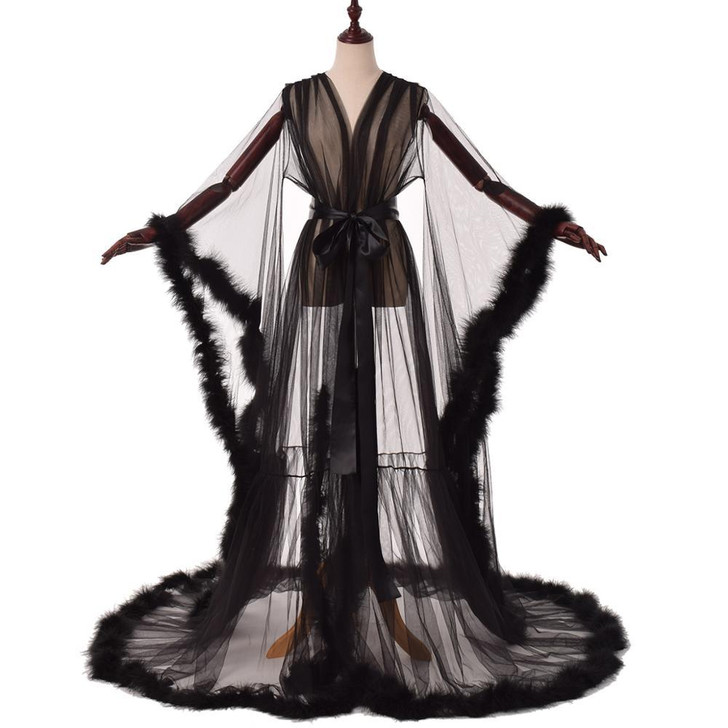 Sexy Illusion Long Lingerie Robe Nightgown Bathrobe Sleepwear Feather
