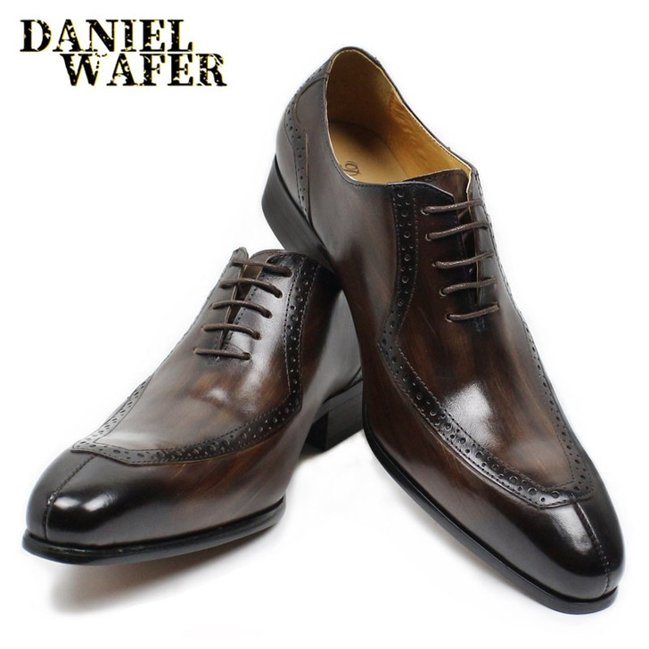 LUXURY LEATHER MEN SHOES CASUAL MEN OFFICE BUSINESS WEDDING SHOE COFFEE BLACK LACE UP BUCKLE STRAP POINTED OXFORD SHOES FOR MEN|Oxfords|