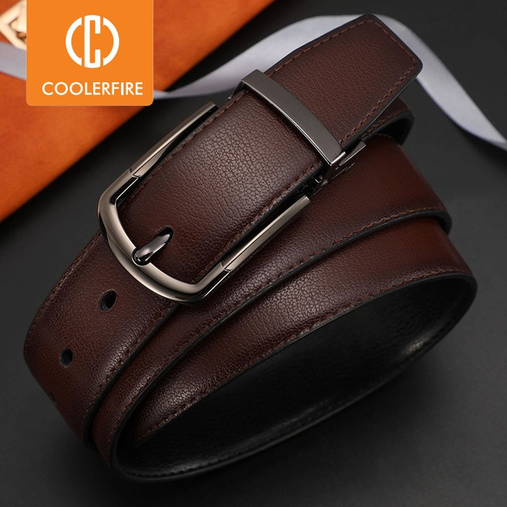 Men Genuine Leather Belt Reversible Buckle Brown and Black Business Dress Belts for Men|Men's Belts|