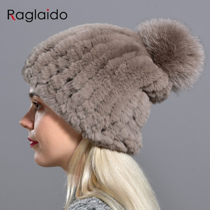 Raglaido Knitted Pompom Hats for Women Beanies Solid Elastic Rex Rabbit Fur Caps Winter Hat Skullies Fashion Accessories LQ11219|pompom hat|fashion winter hatwinter hat