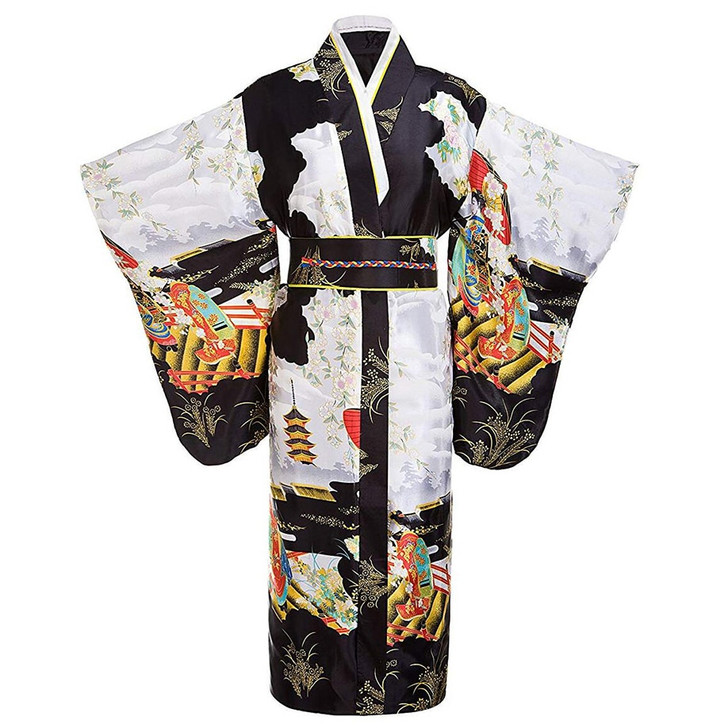 Japanese Traditional Young Lady Yukata With Obitage Satin Kimono Bathrobe Gown Vintage Performace Clothing Print Dress Onesize|Asia & Pacific Islands Clothing|