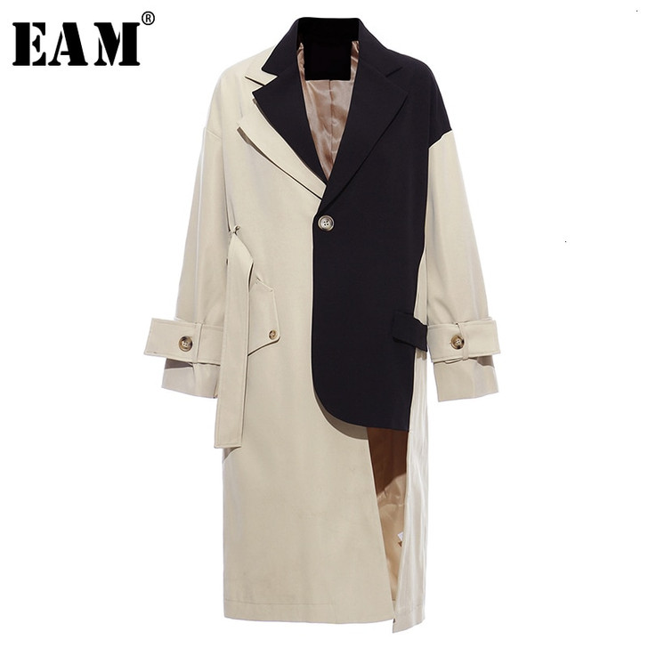 [EAM] Women Khaki Big Size Asymmetrical Trench New Lapel Long Sleeve Loose Fit Windbreaker Fashion Spring Autumn 2021 1K912|Trench|