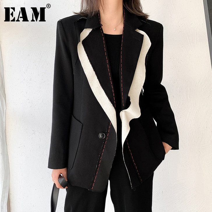 [EAM] Women Black Contrast Color Burr Blazer New Lapel Long Sleeve Loose Fit Jacket Fashion Tide Spring Autumn 2021 1W519|Blazers|